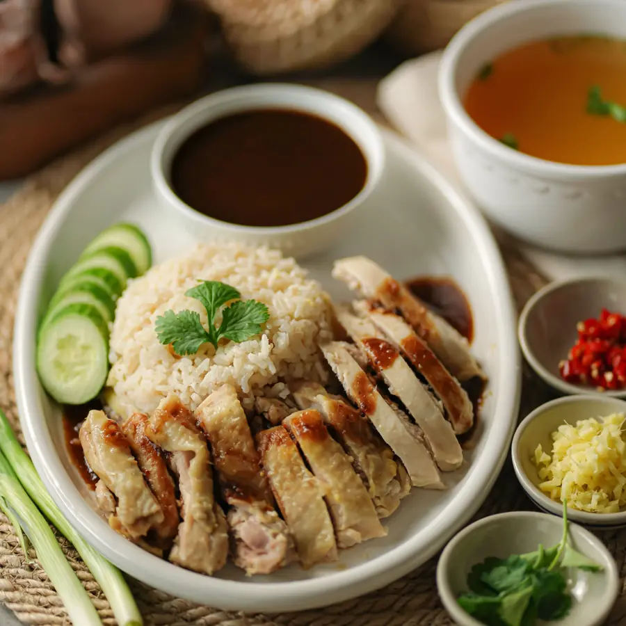 Roasted chicken rice: sliced chicken on fragrant rice with cucumber, soup and small dishes of chilli, ginger and dark soya sauce
