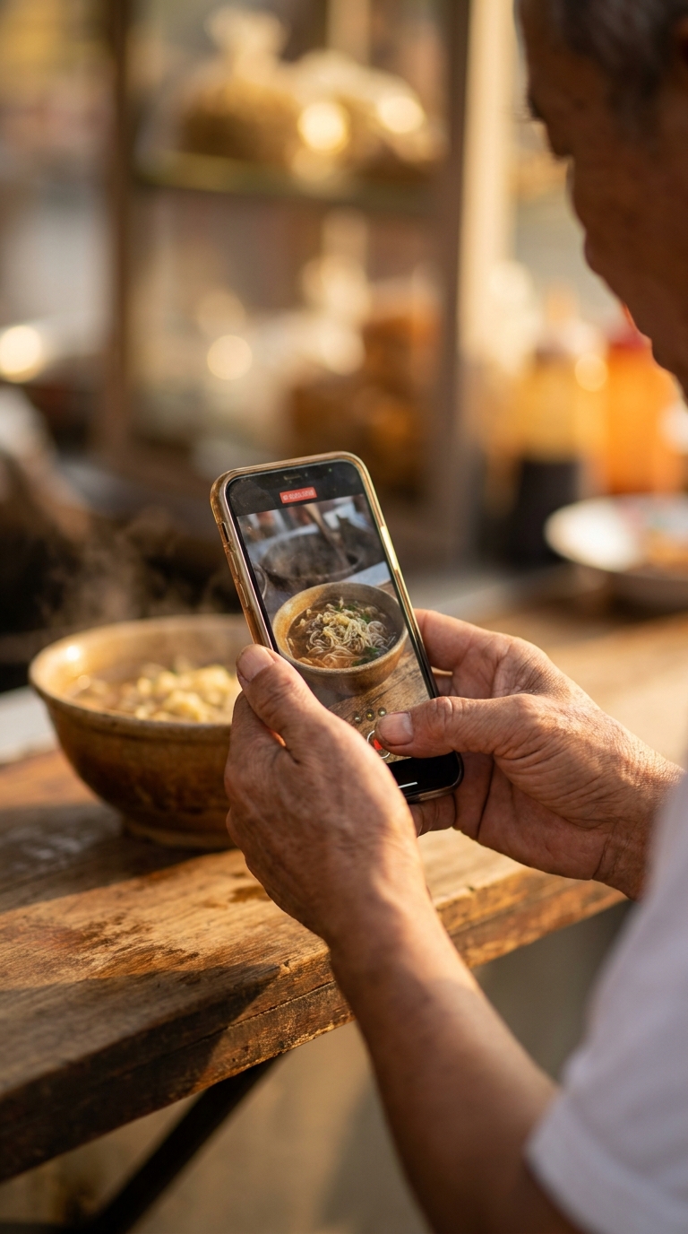 A stallholder holding a phone at arm's length, filming a bowl of noodles on the counter in front of them.