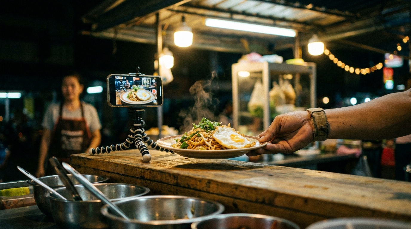 A phone propped on the counter, framing a dish as it is set down.