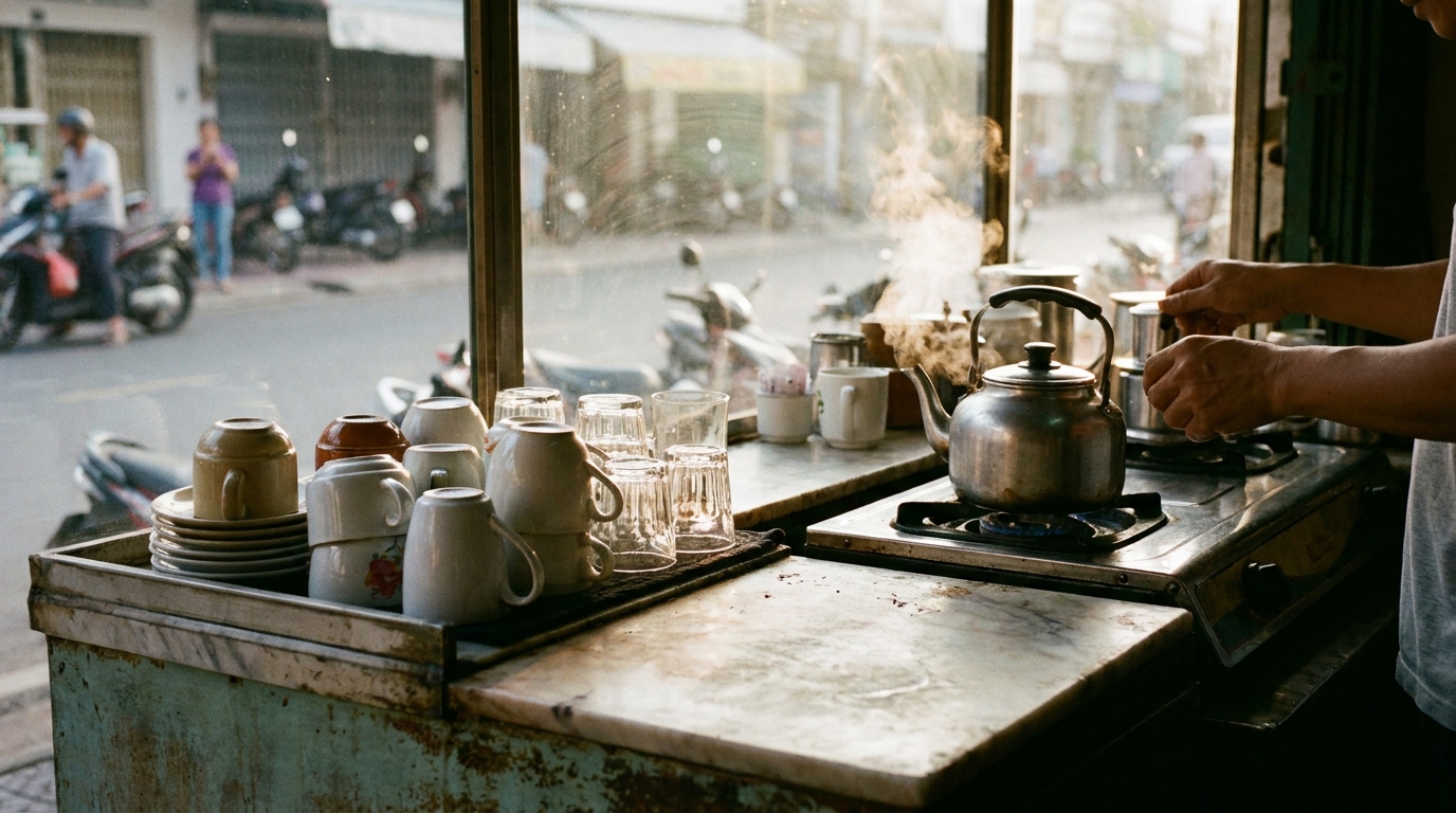 The front counter of a small coffee shop in the early morning, before the queue builds.